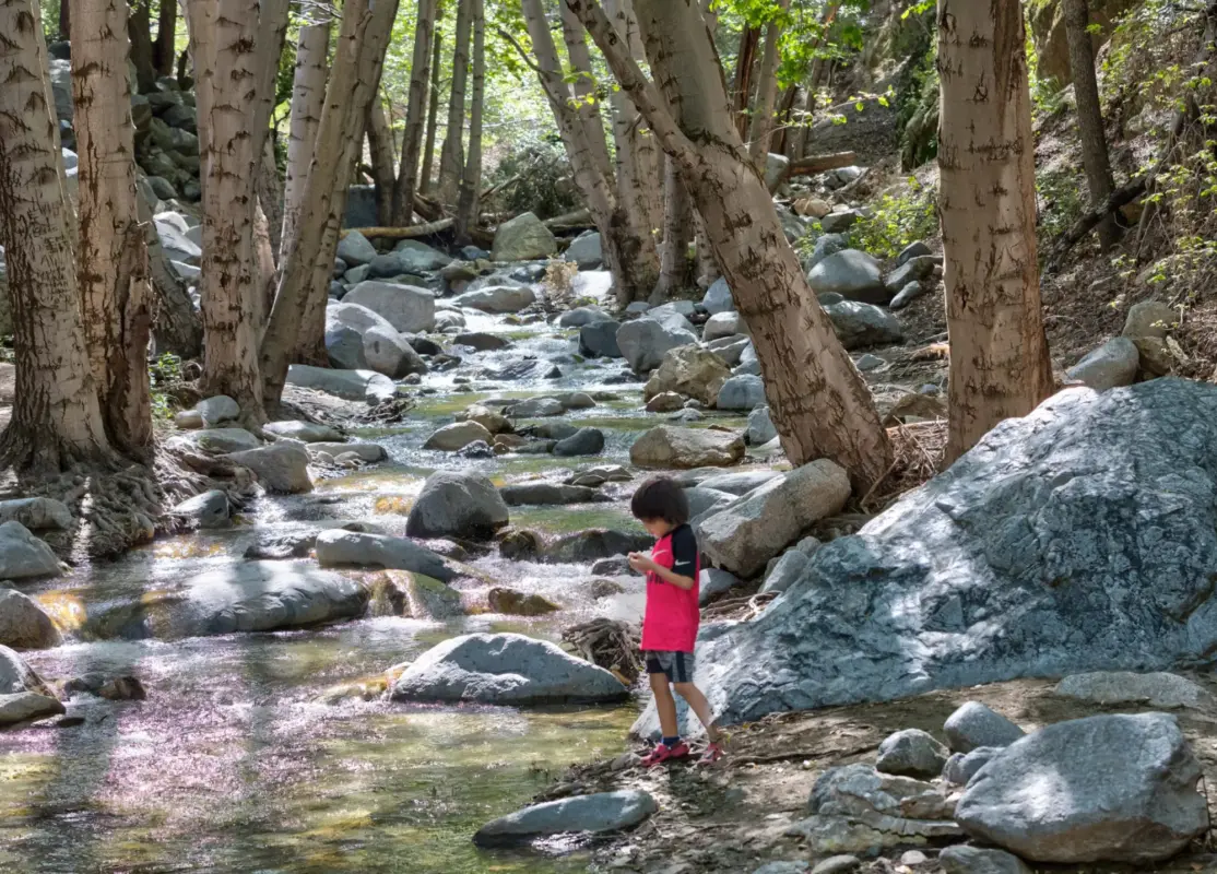 A child plays along the Arroyo Seco near Switzer Picnic Area, San Gabriel Mountains National Monument.