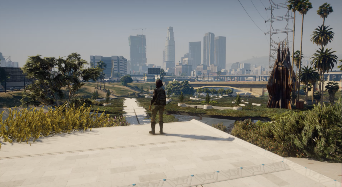 Grand Theft eco character overlooking Los Angeles UCLA LENS