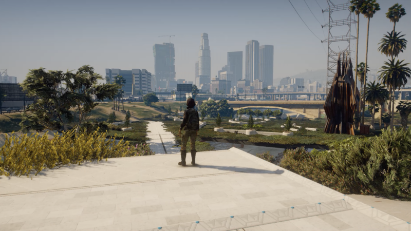 Grand Theft eco character overlooking Los Angeles UCLA LENS