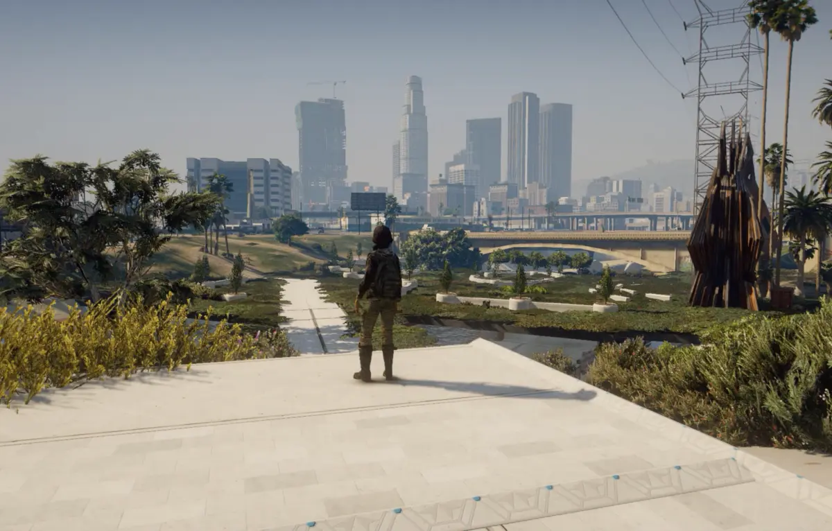 Grand Theft eco character overlooking Los Angeles UCLA LENS