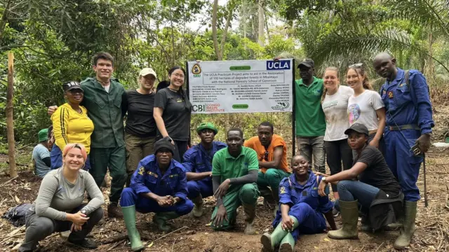 UCLA practicum students and local forestry workers gather around a UCLA project sign at a reforestation site in Cameroon.