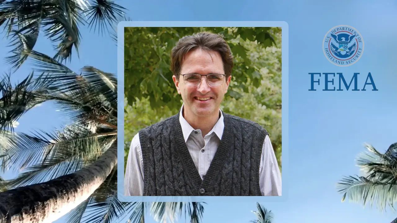 Photo of Travis Longcore with palm trees, blue sky, and FEMA logo in background.