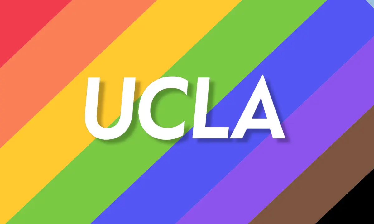 UCLA logo over diagonal stripes in the colors of the LGBTQ Progress Pride flag.
