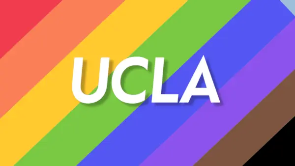 UCLA logo over diagonal stripes in the colors of the LGBTQ Progress Pride flag.