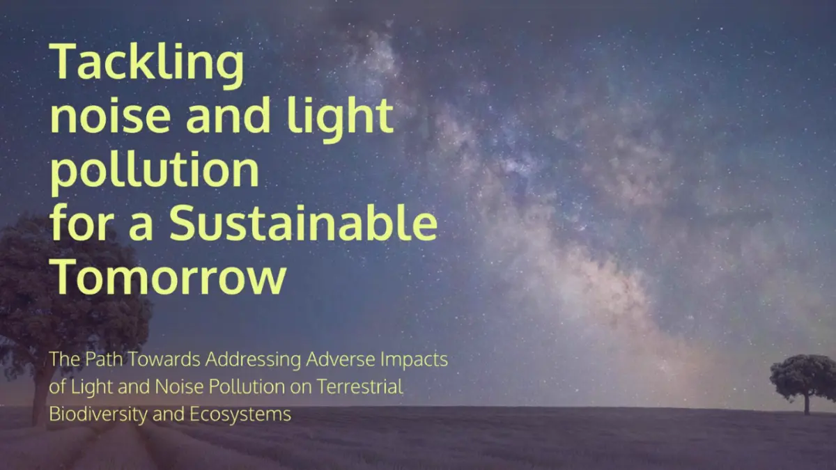Graphic of starry night sky with text that says "Tackling noise and light pollution for a Sustainable Tomorrow" and "The Path Towards Addressing Adverse Impacts of Light and Noise Pollution on Terrestrial Biodiversity and Ecosystems"