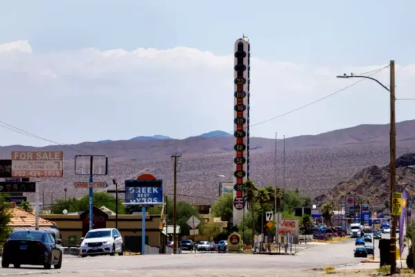 A giant thermometer in Baker, California reads 112 degrees on Friday