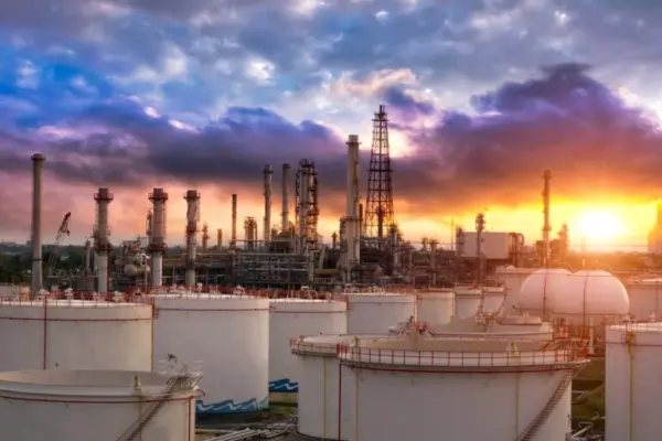 Major industrial area with sunset in the background