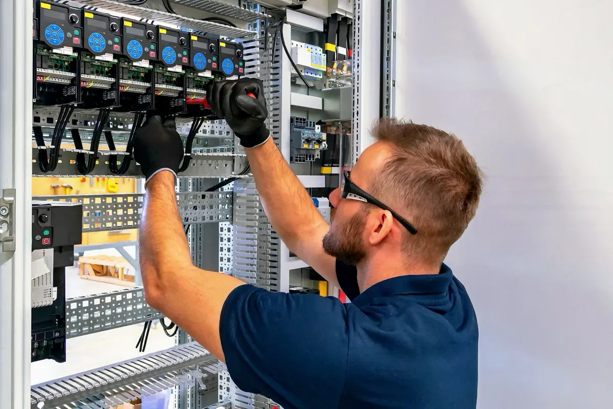 Electrician working on electric panel