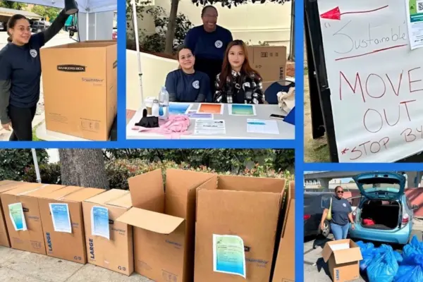 A collage of five photos showing move out helpers and volunteers, boxes, and someone loading their car with bags.