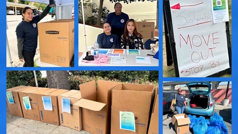 A collage of five photos showing move out helpers and volunteers, boxes, and someone loading their car with bags.