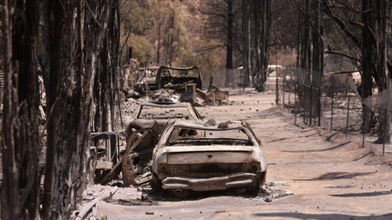 Photo shows destruction and aftermath of burnt cars from a fire near Lake Isabella, California