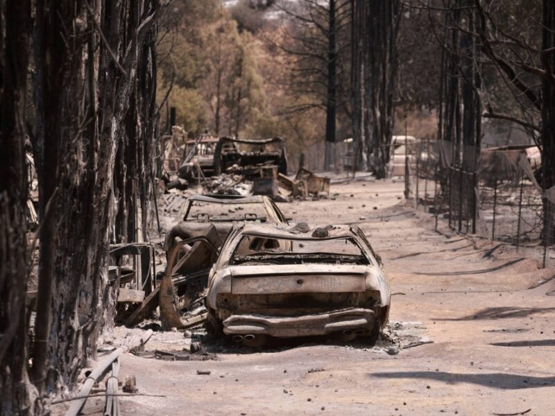 Photo shows destruction and aftermath of burnt cars from a fire near Lake Isabella, California