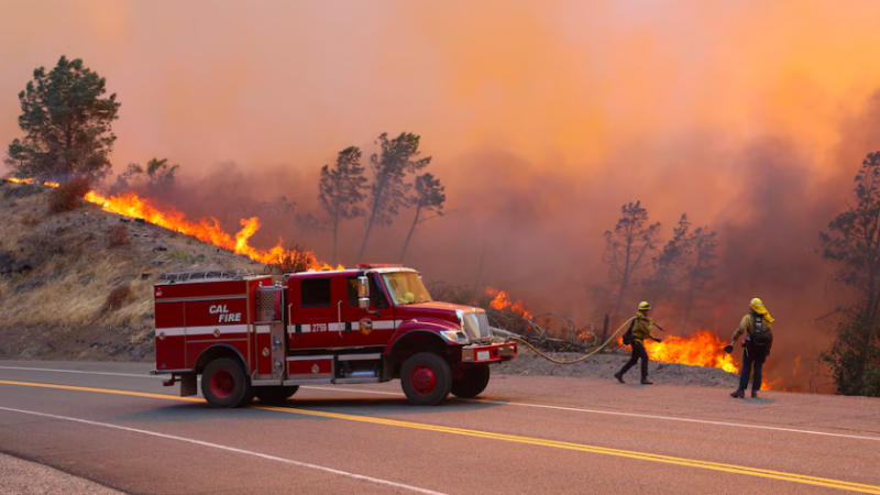 Firefighters work to control the Park Fire on Wednesday. (Cal Fire Amador-El Dorado Unit/via REUTERS)