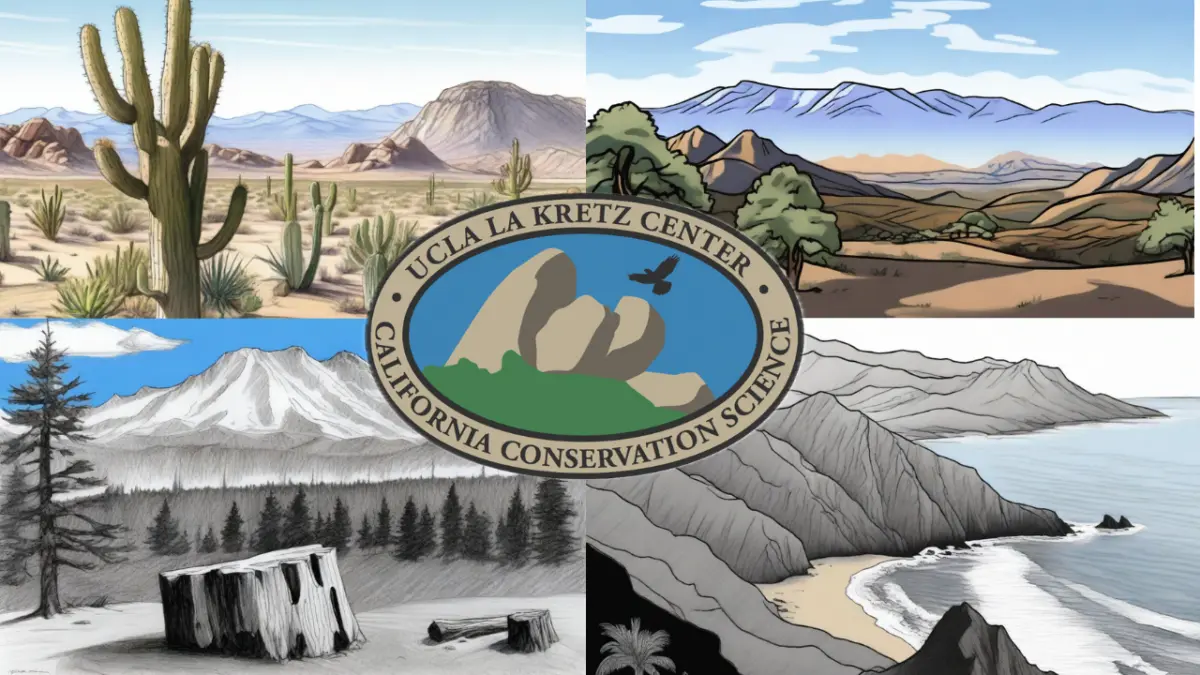 UCLA La Kretz Center for California Conservation Science logo over illustrations of desert, mountains, forest, and coastal landscapes.
