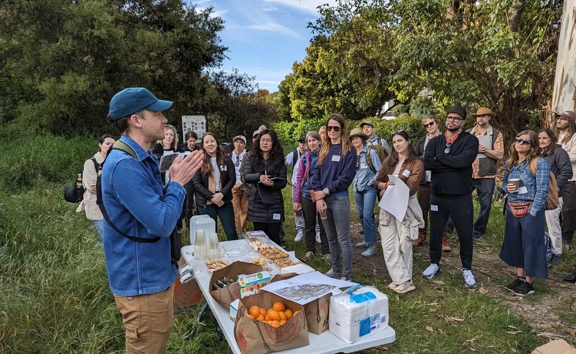 Andy Kleinhesselink (left) prepares to give students a tour of Sage Hill at UCLA