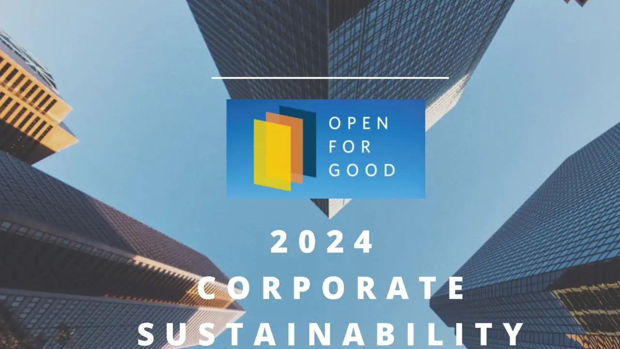 Cover graphic for the 2024 Corporate Sustainability Transparency Index, with the Open for Good logo over skyscrapers seen from below.