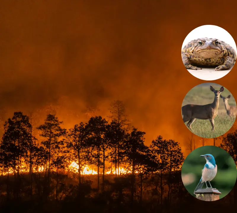 A wildfire burning through a forest at night, with inset circular photos of a toad, deer, and a scrub jay.