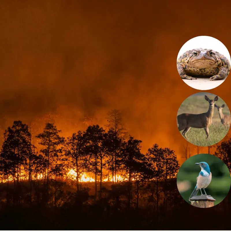 A wildfire burning through a forest at night, with inset circular photos of a toad, deer, and a scrub jay.