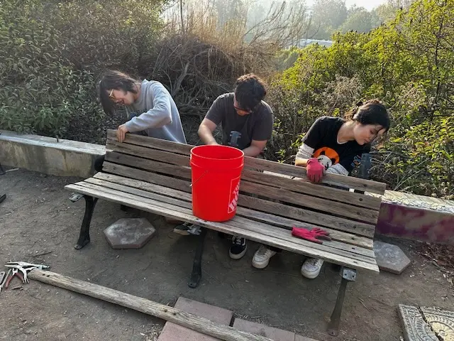 Three volunteers scrub and restore a weathered wooden bench outdoors at Sage Hill, with a red bucket and work gloves nearby.