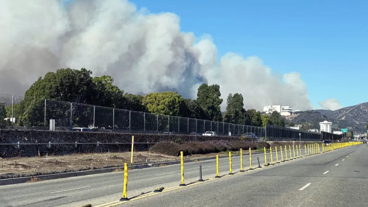 A large plume of wildfire smoke rises over hills and trees beyond a freeway lined with yellow posts in Los Angeles.