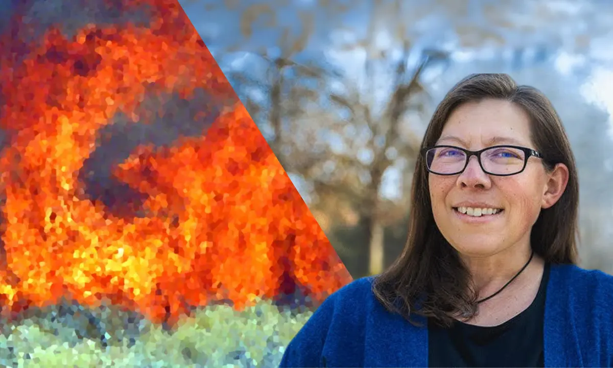 Composite graphic pairing a portrait of a researcher outdoors with an image of flames burning through vegetation.