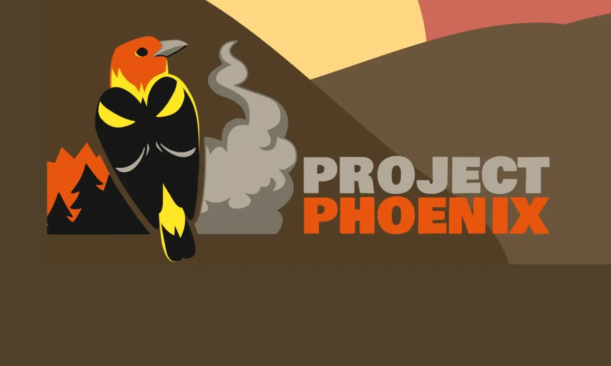 Project Phoenix logo: a stylized bird perched before burning trees and smoke against a hillside and setting sun.
