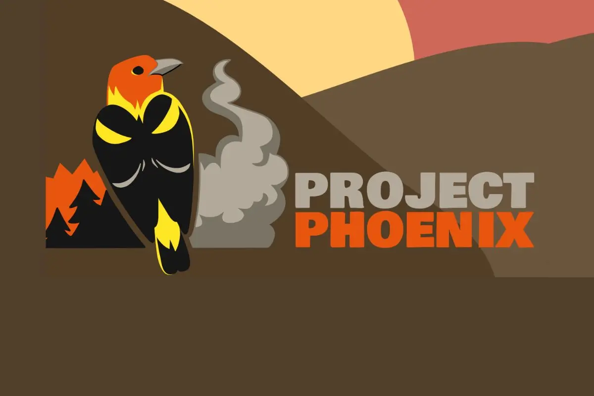 Project Phoenix logo: a stylized bird perched before burning trees and smoke against a hillside and setting sun.