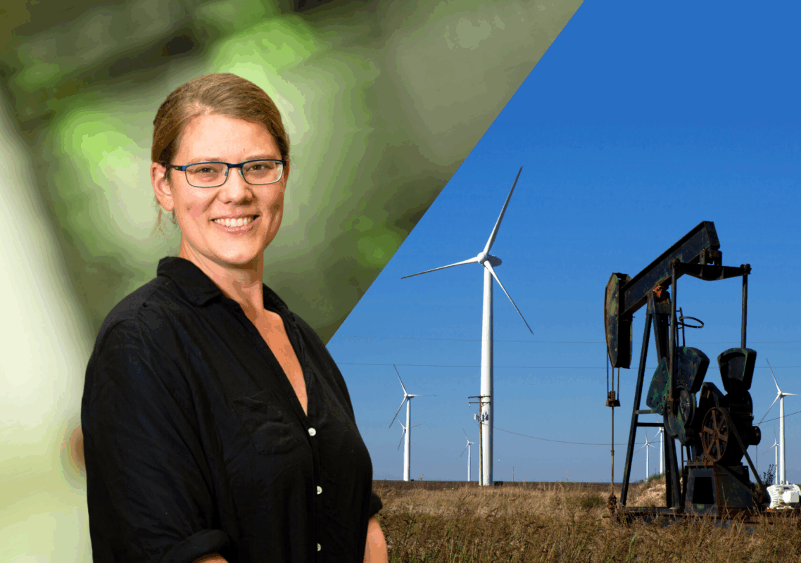 Graphic image of Emily Grubert side by side with a photo of an oil jack rabbit rig and wind farm in an open field in Texas