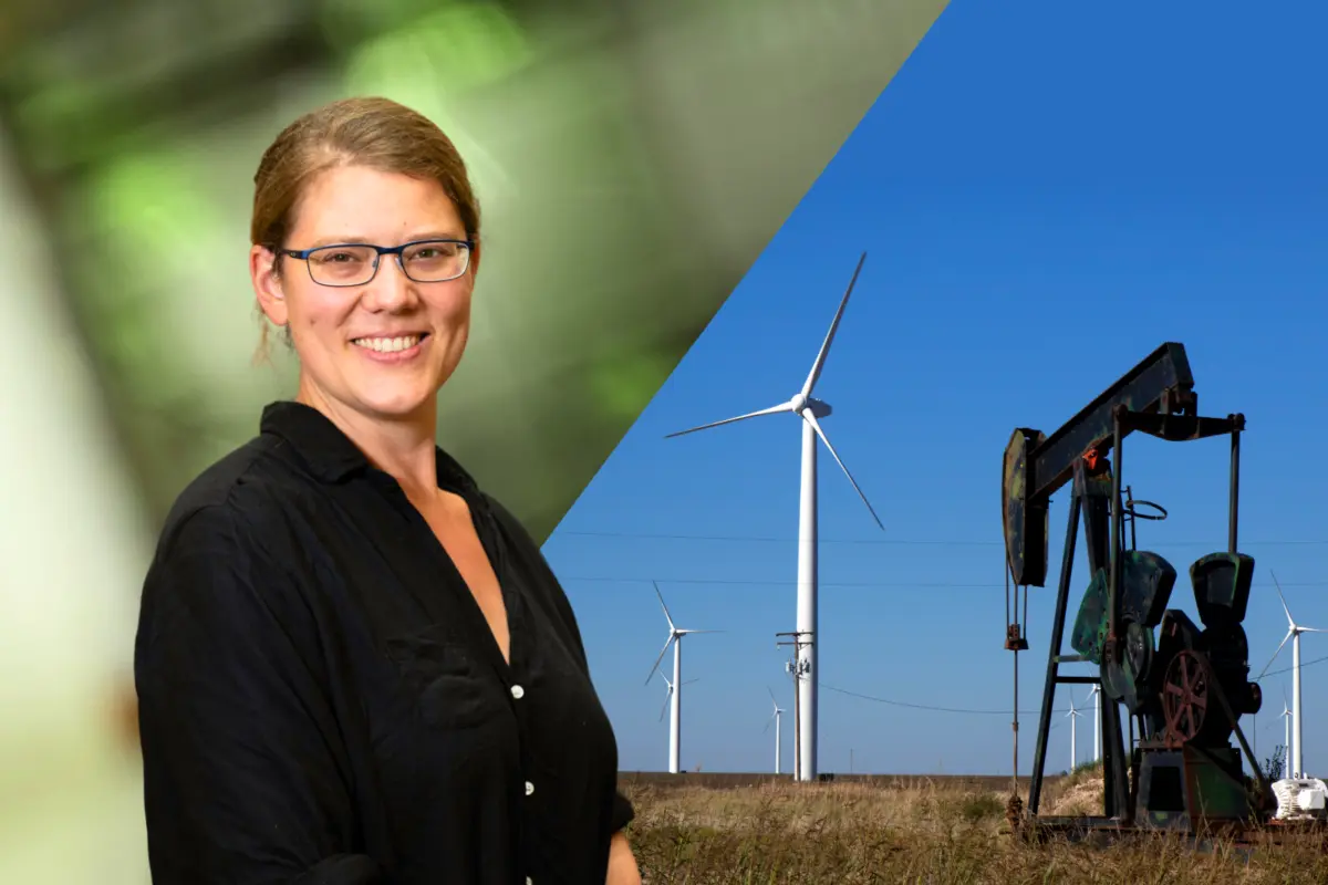 Graphic image of Emily Grubert side by side with a photo of an oil jack rabbit rig and wind farm in an open field in Texas