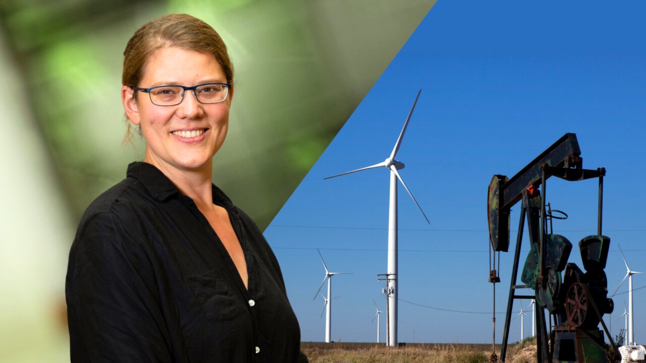 Graphic image of Emily Grubert side by side with a photo of an oil jack rabbit rig and wind farm in an open field in Texas