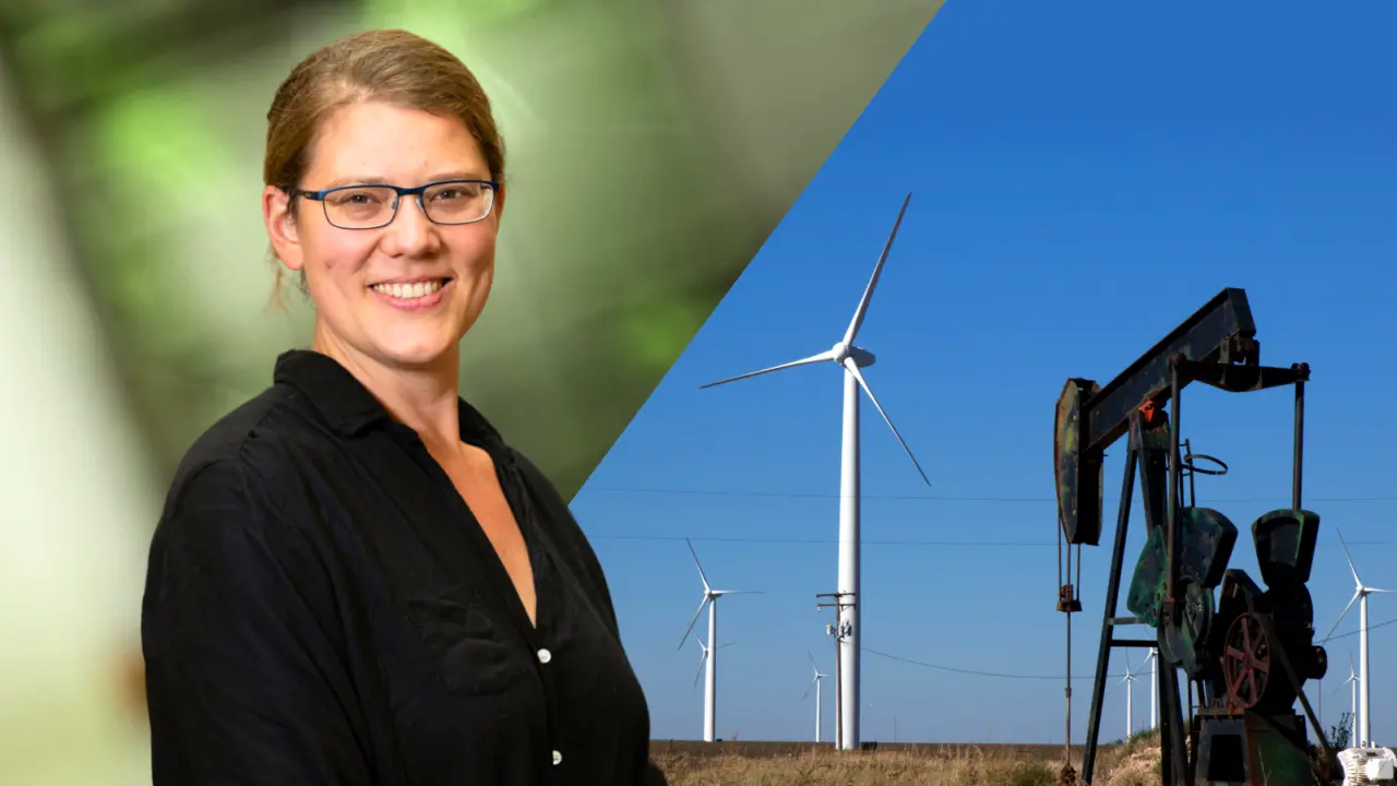 Graphic image of Emily Grubert side by side with a photo of an oil jack rabbit rig and wind farm in an open field in Texas