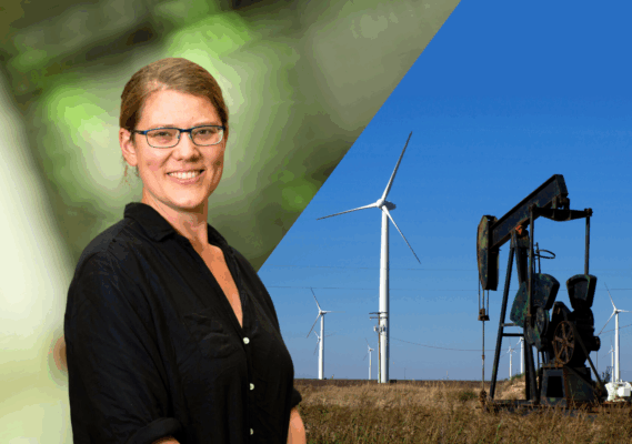 Graphic image of Emily Grubert side by side with a photo of an oil jack rabbit rig and wind farm in an open field in Texas
