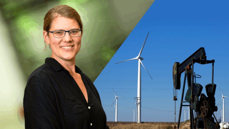 Graphic image of Emily Grubert side by side with a photo of an oil jack rabbit rig and wind farm in an open field in Texas