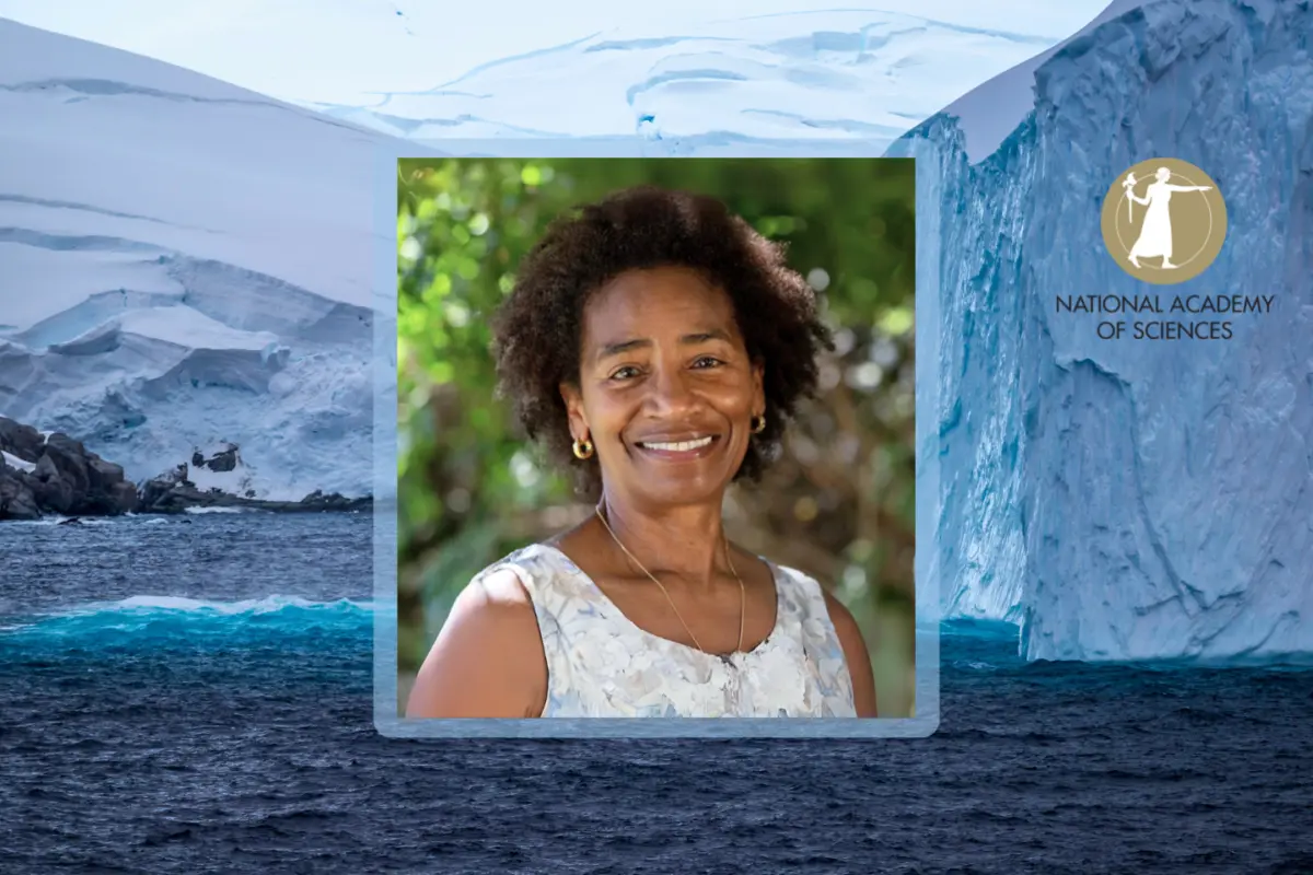 Marilyn Raphael in a portrait framed over a background of Antarctic ice, beside the National Academy of Sciences seal.