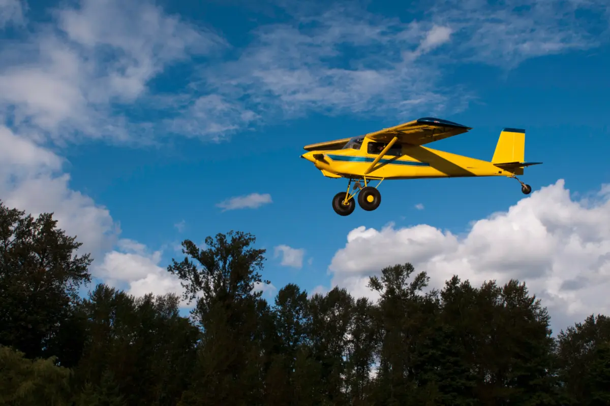 A small yellow propeller plane flies low over a dense treetop canopy under a partly cloudy blue sky.