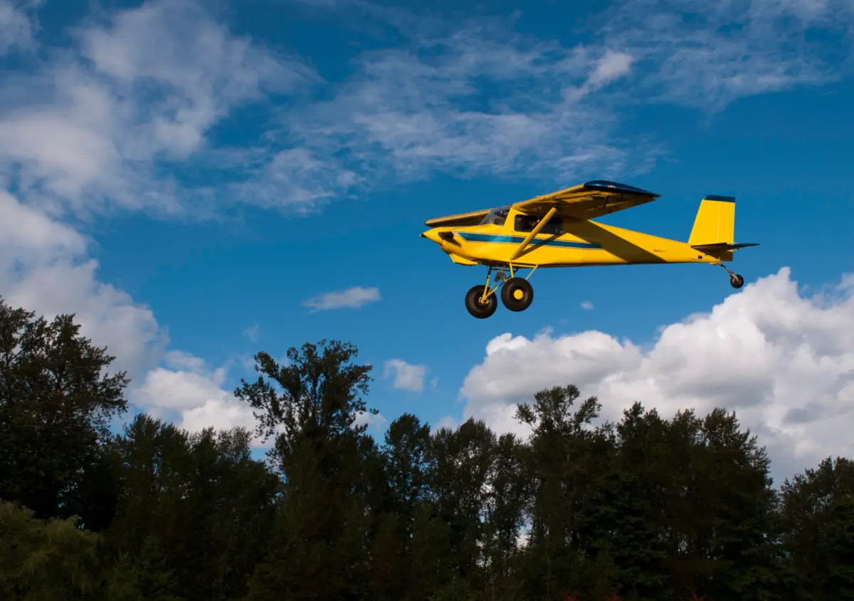 A small yellow propeller plane flies low over a dense treetop canopy under a partly cloudy blue sky.