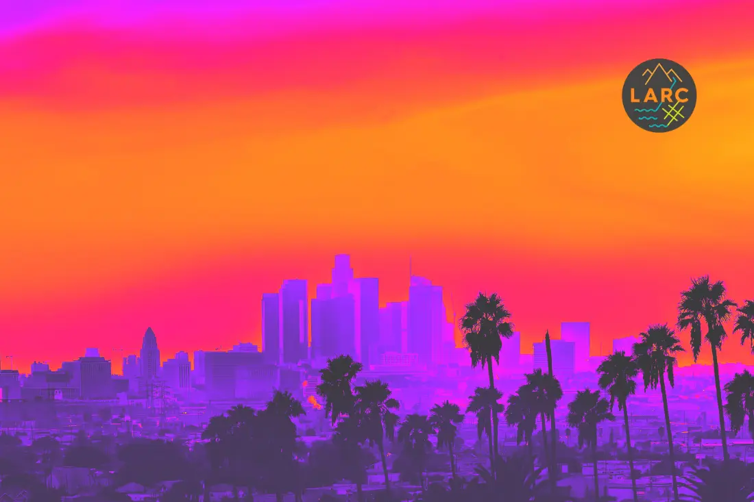 The downtown Los Angeles skyline and palm trees under a hot orange and pink sky, with the LARC logo in the corner.