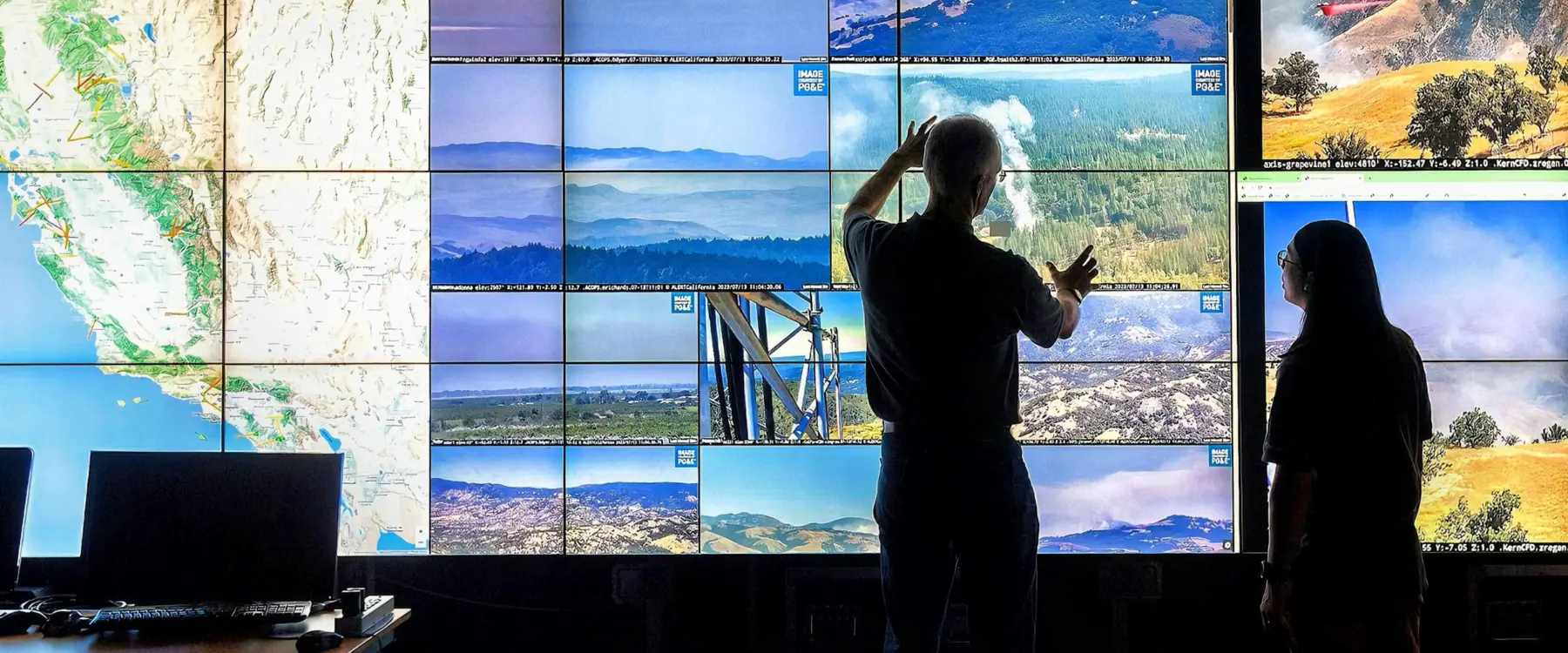 Two people stand in front of a large multi-screen display wall showing real-time wildfire camera feeds and a map of California. One person gestures toward the screens, analyzing smoke and fire activity.