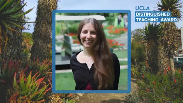 Portrait of Shanna Shaked in a garden, framed against a succulent garden backdrop with the UCLA Distinguished Teaching Award logo.
