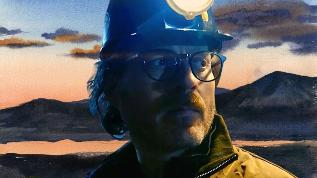 Jonathan Webb, a 2025 Pritzker nominee and Co-founder of The Nuclear Company, wears a hard hat and glasses while looking into the distance. A soft watercolor-style mountain landscape appears behind him.