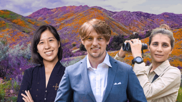 The 2025 Pritzker Emerging Environmental Genius Finalists, from left to right: Denica Riadini-Flesch, Anthony Waddle, and Seema Lokhandwala, stand in front of a colorful, vibrant landscape of purple, orange and green flowers under neath a light blue and white sky.