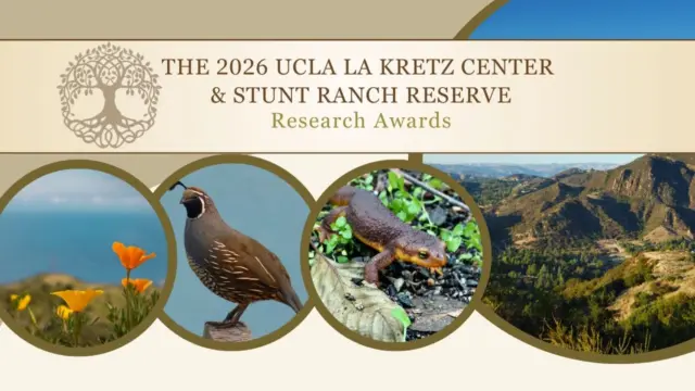 Banner for the 2026 UCLA La Kretz Center & Stunt Ranch Reserve Research Awards, with poppies, a quail, a newt, and Santa Monica Mountains.