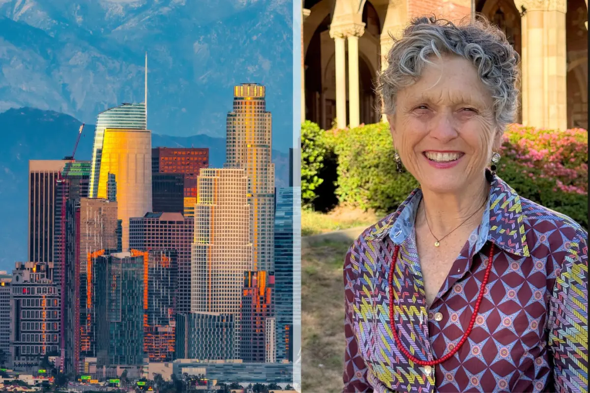 Collage of a colorful Downtown Los Angeles skyline of buildings during sunset on the left, photo of Stephanie Pincetl smiling in front of Royce Hall on the right