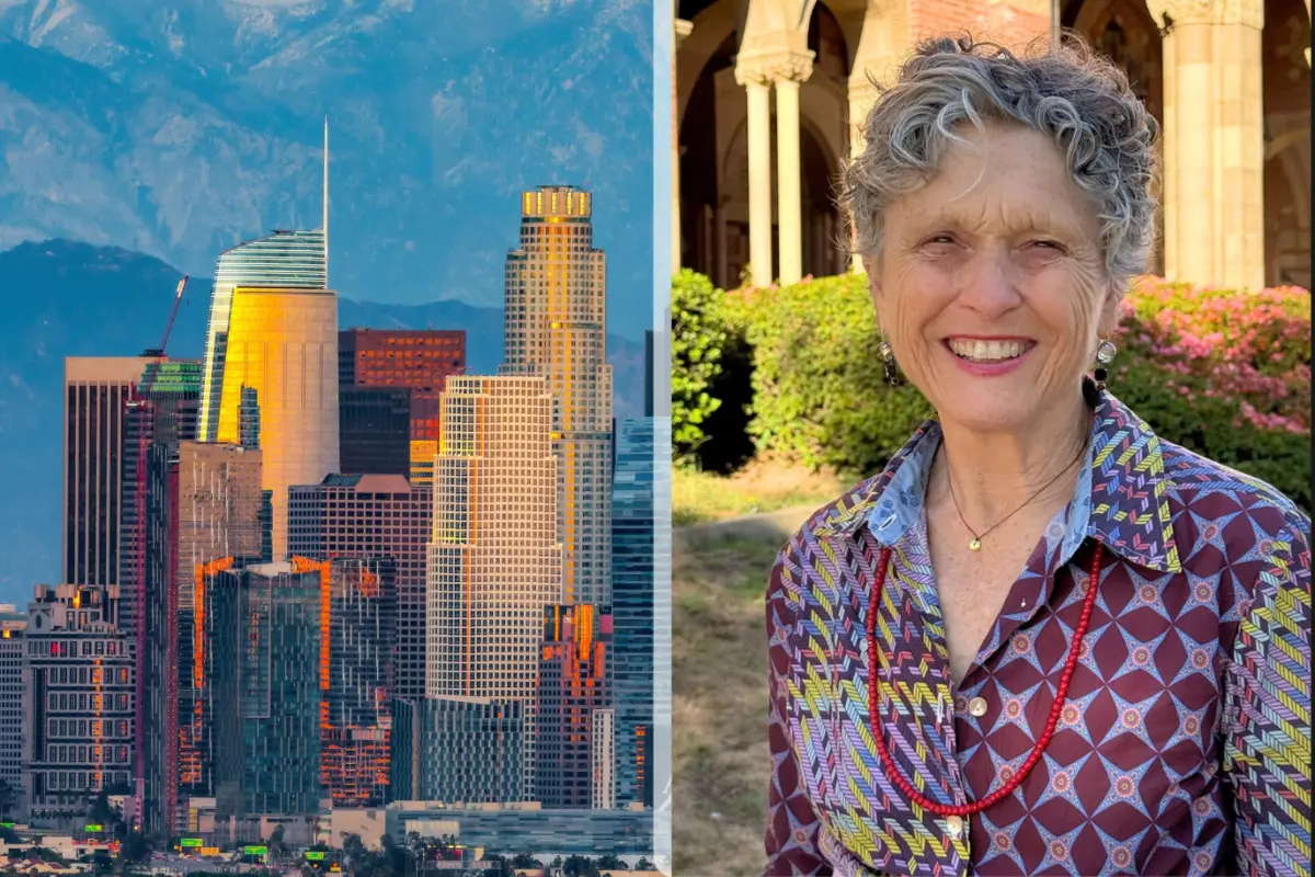 Collage of a colorful Downtown Los Angeles skyline of buildings during sunset on the left, photo of Stephanie Pincetl smiling in front of Royce Hall on the right