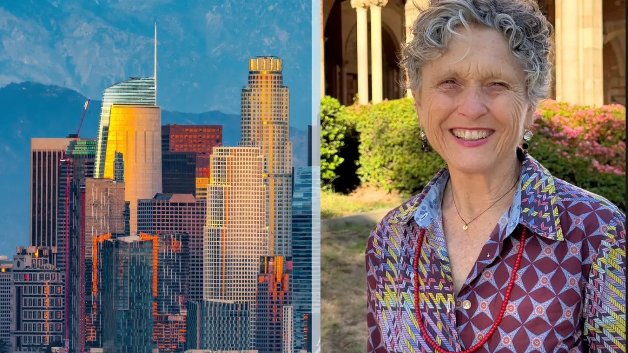 Collage of a colorful Downtown Los Angeles skyline of buildings during sunset on the left, photo of Stephanie Pincetl smiling in front of Royce Hall on the right