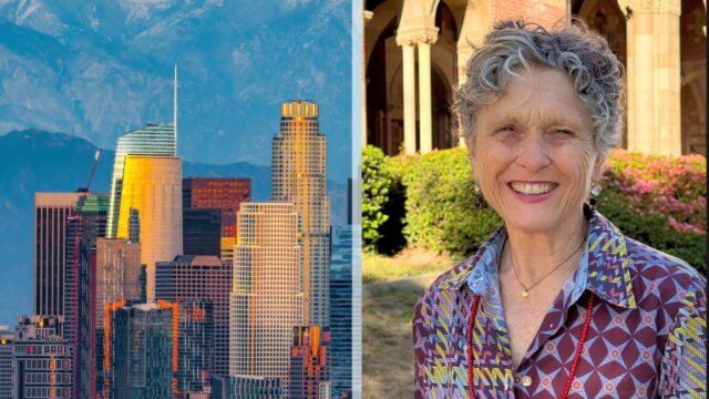 Collage of a colorful Downtown Los Angeles skyline of buildings during sunset on the left, photo of Stephanie Pincetl smiling in front of Royce Hall on the right