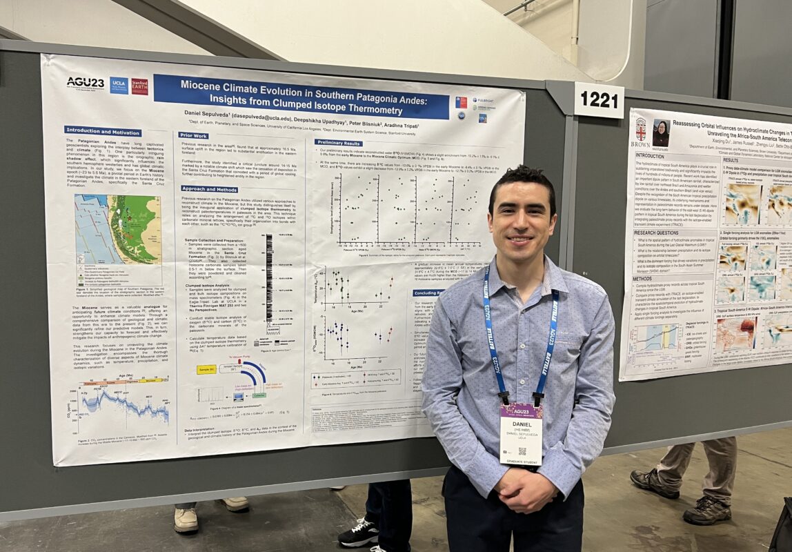 Daniel Sepulveda-Arias stands in front of his scientific poster titled “Miocene Climate Evolution in Southern Patagonia Andes: Insights from Clumped Isotope Thermometry.”