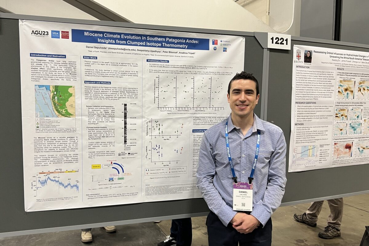 Daniel Sepulveda-Arias stands in front of his scientific poster titled “Miocene Climate Evolution in Southern Patagonia Andes: Insights from Clumped Isotope Thermometry.”