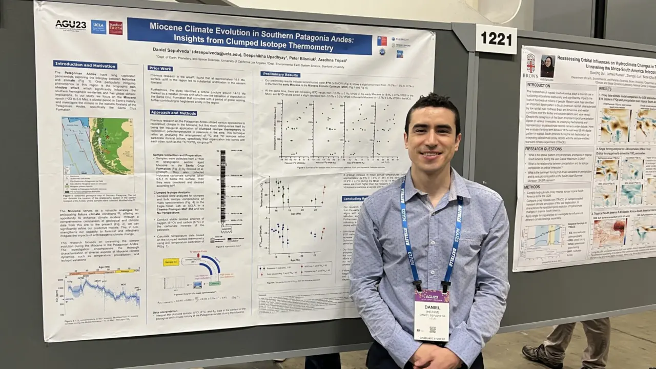 Daniel Sepulveda-Arias stands in front of his scientific poster titled “Miocene Climate Evolution in Southern Patagonia Andes: Insights from Clumped Isotope Thermometry.”