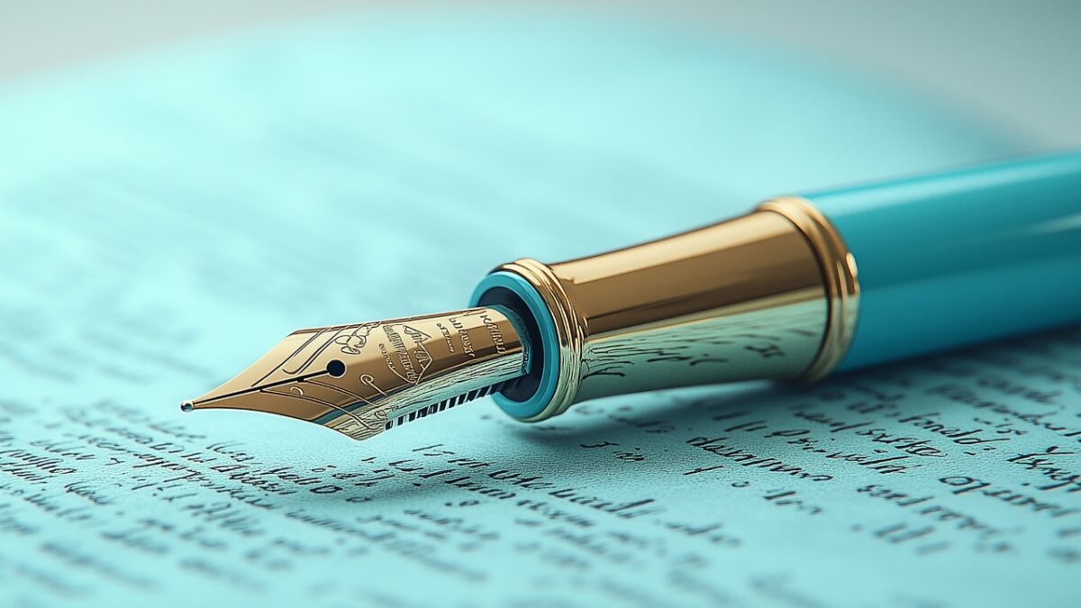 Close-up of a teal fountain pen resting on a manuscript with cursive writing, symbolizing historical records and agreements.